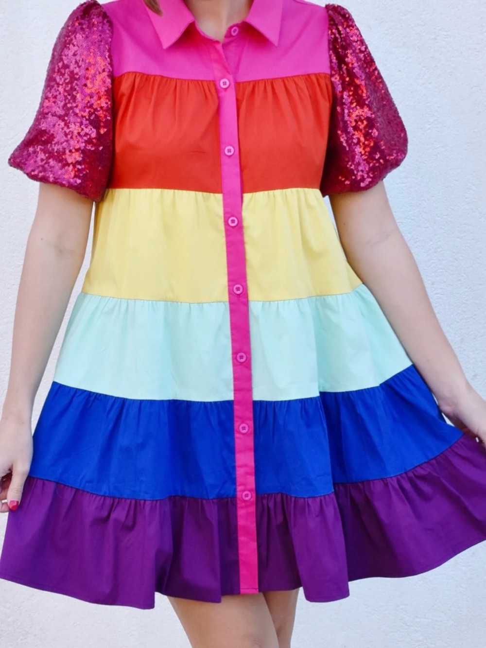 Queen of Sparkles Women’s Rainbow Dress with sequin sleeves size L